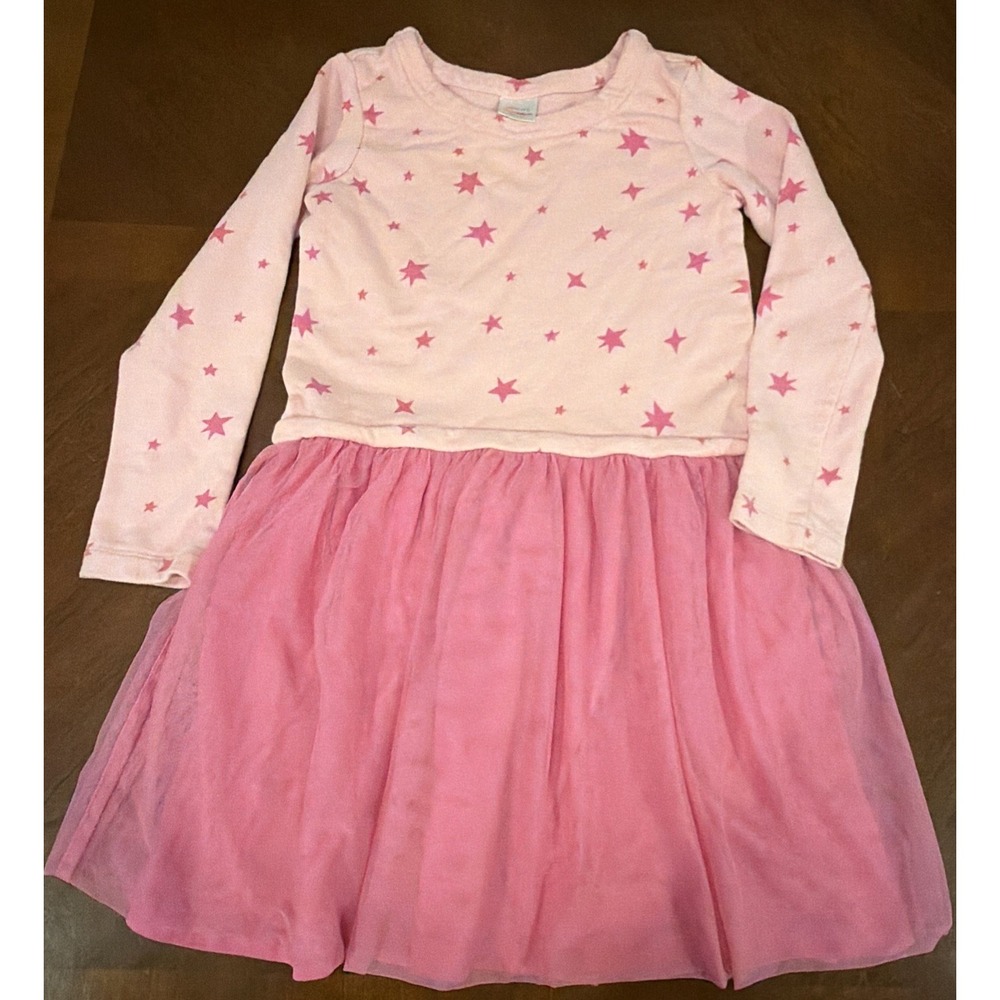 Hanna Andersson Dress Girls Size 130/US 8 Pink Tulle Stars Long Sleeve
